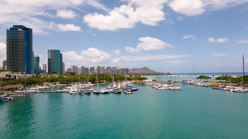 Aerial view of the Honolulu waterfront and a harbor full of boats in their slips, Oahu, Hawaii