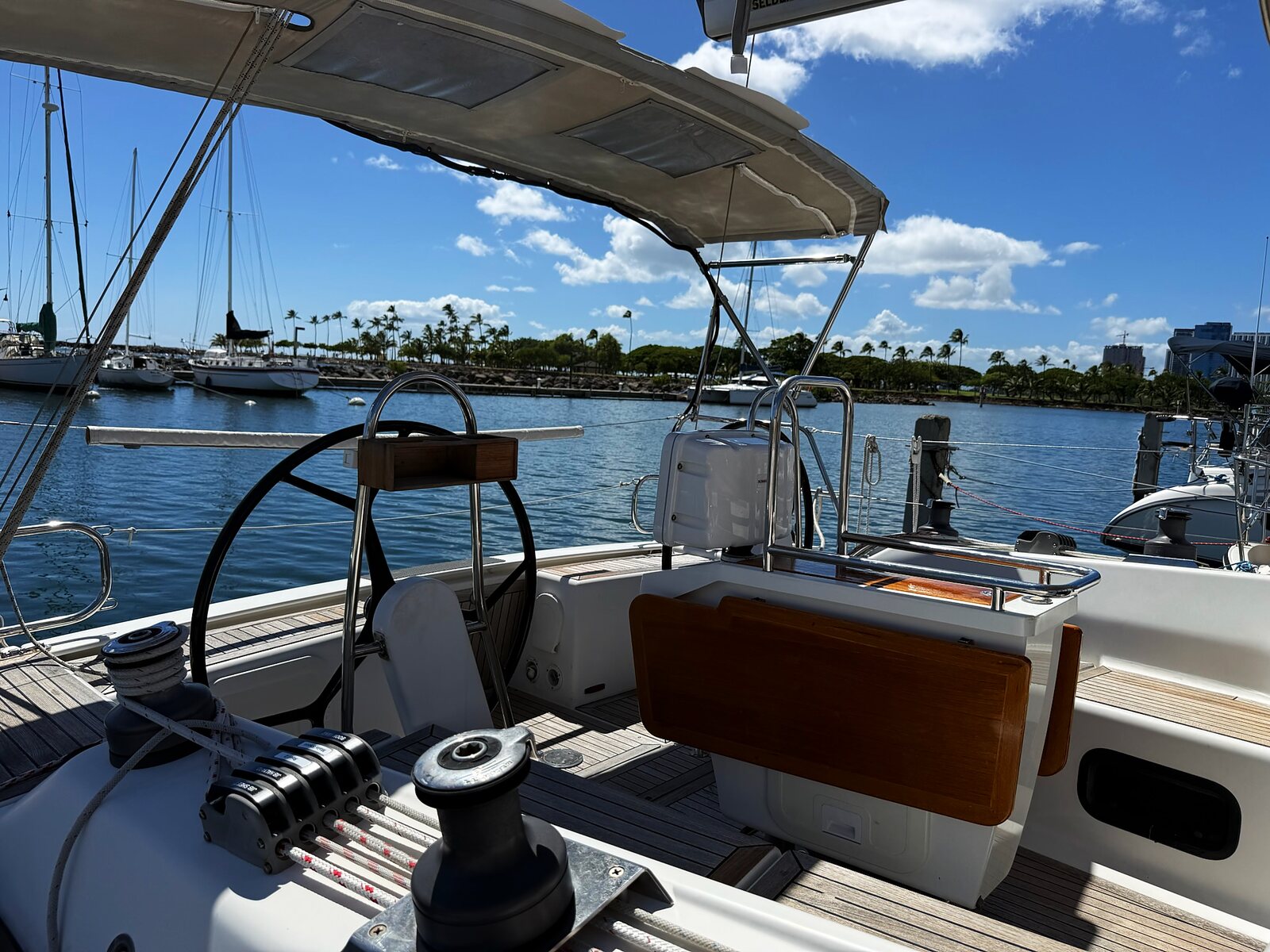 2014 Hanse 385 "Effortless" for sale, Honolulu Hawaii &mdash; Cockpit looking out over the harbor (photo 6 of 29)